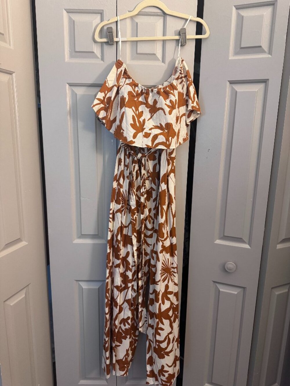 AaKaa Rust Floral Off Shoulder Wide Leg Jumpsuit